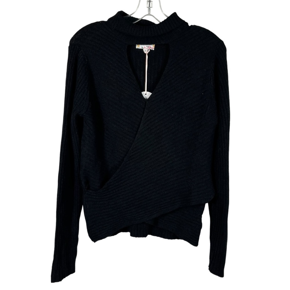 Pink Republic Black Ribbed Knit Wrap Cutout High Neck Sweater Top Medium M NWT